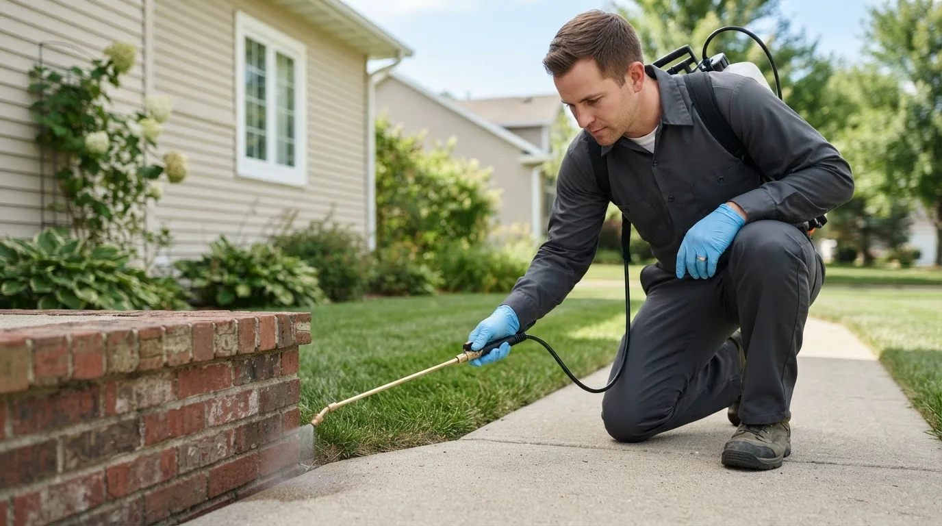 Pest control technician treating a home near North East, MD